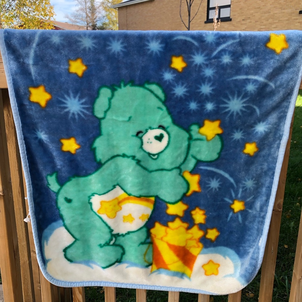 Vintage Care Bears fleece crib blanket Wish Bear 1980s 1990s plush throw blanket